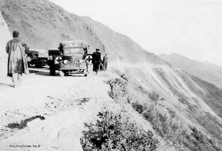 The Red Cross trucks on the high roads after the Hong Kong RN escape party left  Tuyunguan for Burma.  
	Photo from the Hide collection ©